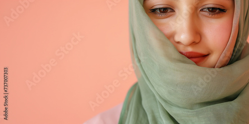 Close-up of a woman with a subtle smile, wearing a pastel green scarf, against a complementing peach-colored background