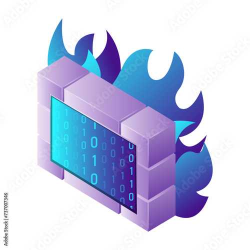 Isometric illustration web computer technology symbol digital firewall