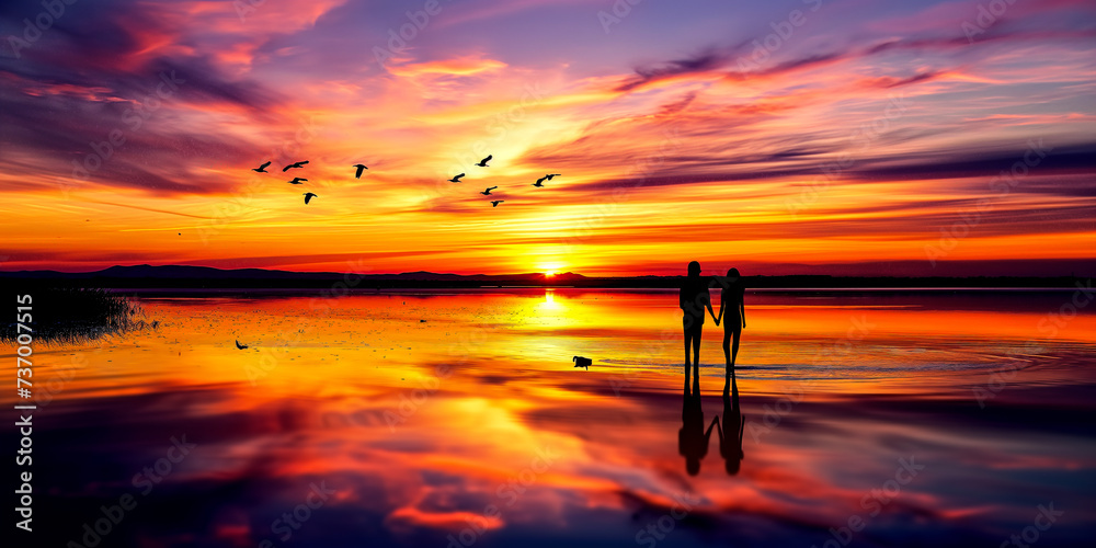 Vibrant sunrise with couple's reflection on the lake, birds flying in the background Vibrant sunrise with couple's reflection on the lake, birds flying in the background