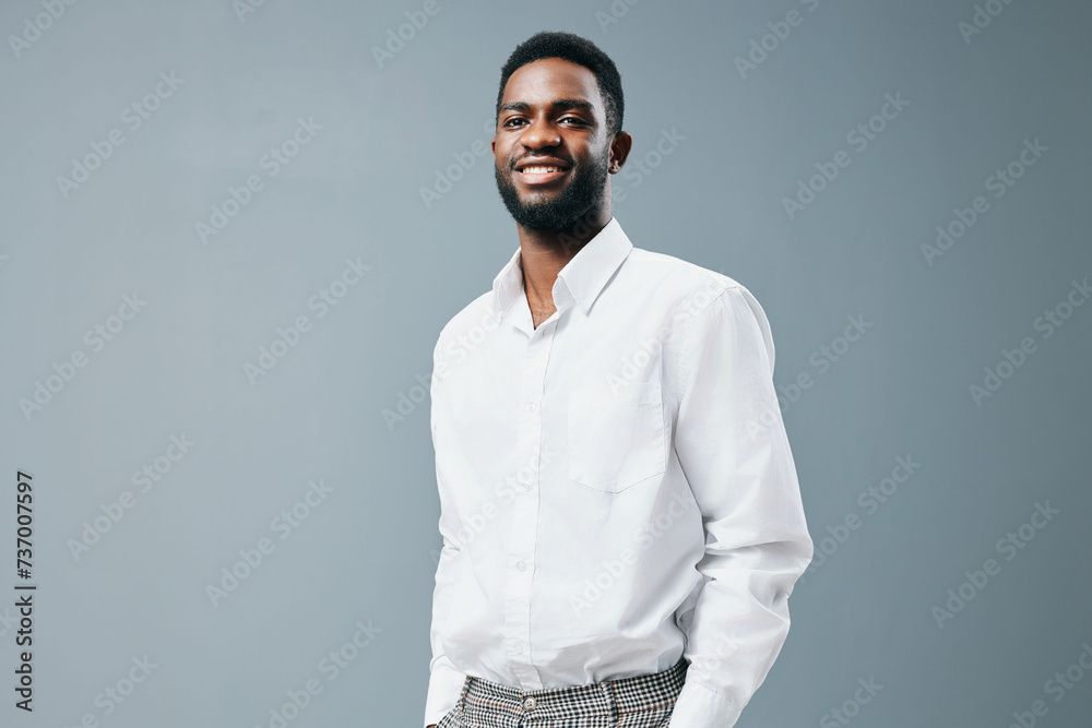 Obraz premium shirt man happy african white space smile american young copy studio positive standing