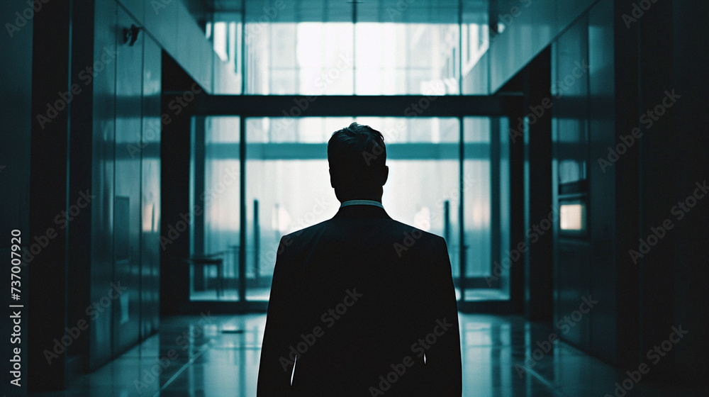 Fototapeta premium silhouette of a person in a corridor. Business photo composition, simple business background. Generative AI