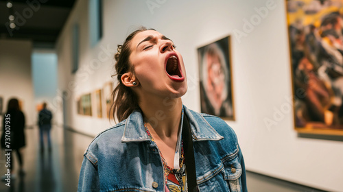 Woman yawning in art gallery, signaling boredom or fatigue amidst cultural setting photo
