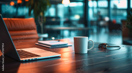 laptop and cup of coffee. Business photo composition, simple business background. Generative AI