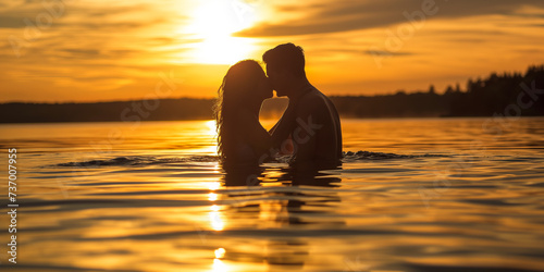 Warm sunset embrace by a lake, couple kissing gently in the water
