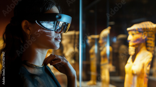Woman with augmented reality glasses at a museum exhibit, ancient artifacts brought to life with digital overlay