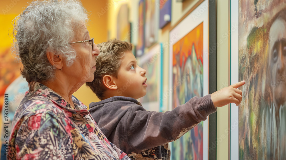 Obraz premium Multigenerational museum visit, with a grandmother explaining artwork to her intrigued grandchild