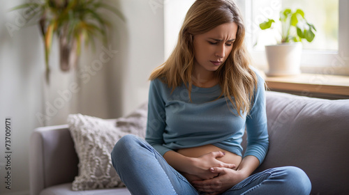 Young woman experiencing stomach pain, clutching her abdomen, with a pained expression suggesting discomfort or illness, in a home setting with minimalistic decor