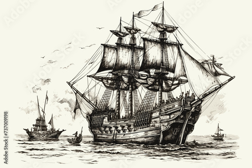 Ship frigate sailboat old sketch hand drawn illustration photo
