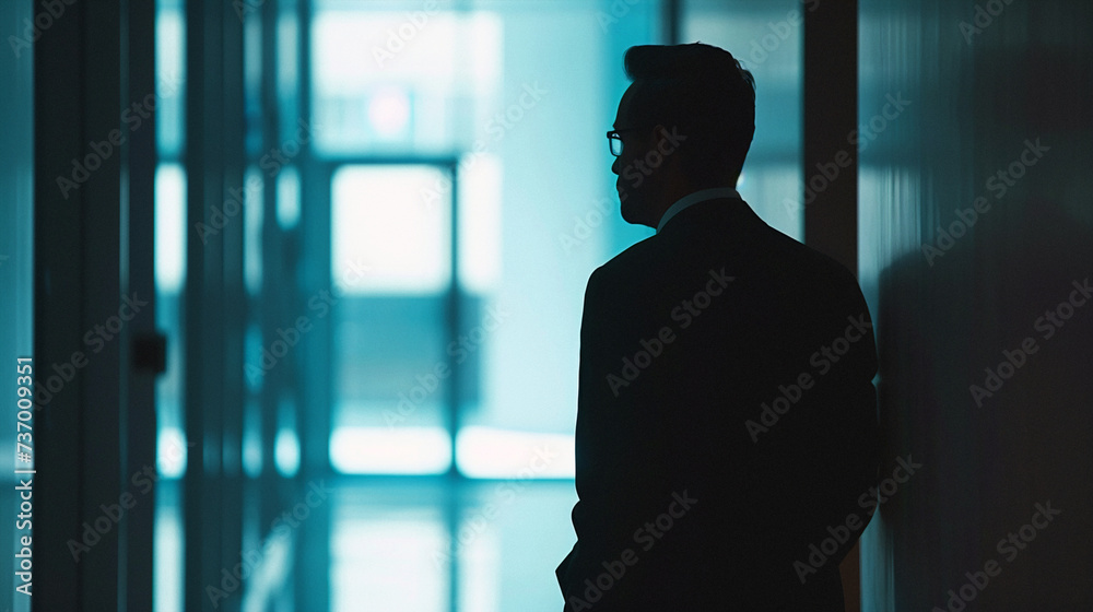 silhouette of a person in a corridor. Business photo composition, simple business background. Generative AI silhouette of a person in a corridor. Business photo composition, simple business background. Generative AI