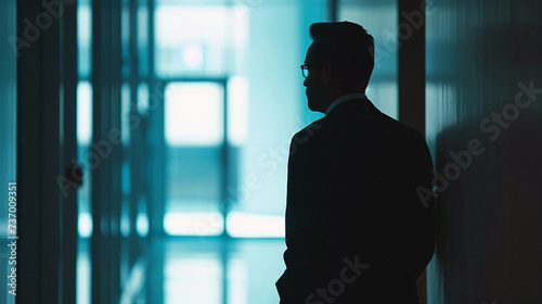 silhouette of a person in a corridor. Business photo composition, simple business background. Generative AI