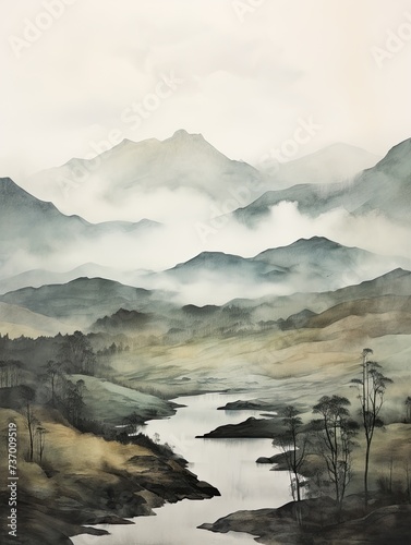 Misty Scottish Moors: Rolling Hills Print of Foggy Undulating Terrain