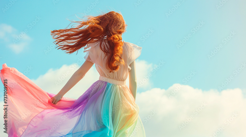 Young redhead showcasing a bold dance move, her pastel rainbow dress fluttering, set against a pastel sky backdrop, symbolizing freedom and the breaking of conventions - obrazy, fototapety, plakaty 