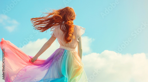 Young redhead showcasing a bold dance move, her pastel rainbow dress fluttering, set against a pastel sky backdrop, symbolizing freedom and the breaking of conventions