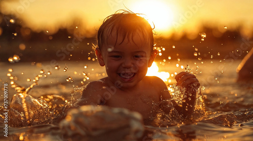 Summertime Joy: Child Playing with Water at Twilight, Capturing Golden Hour's Tranquil Resplendence in the Crystal Clear Droplets, Laughing and Enjoying the Carefree Moment