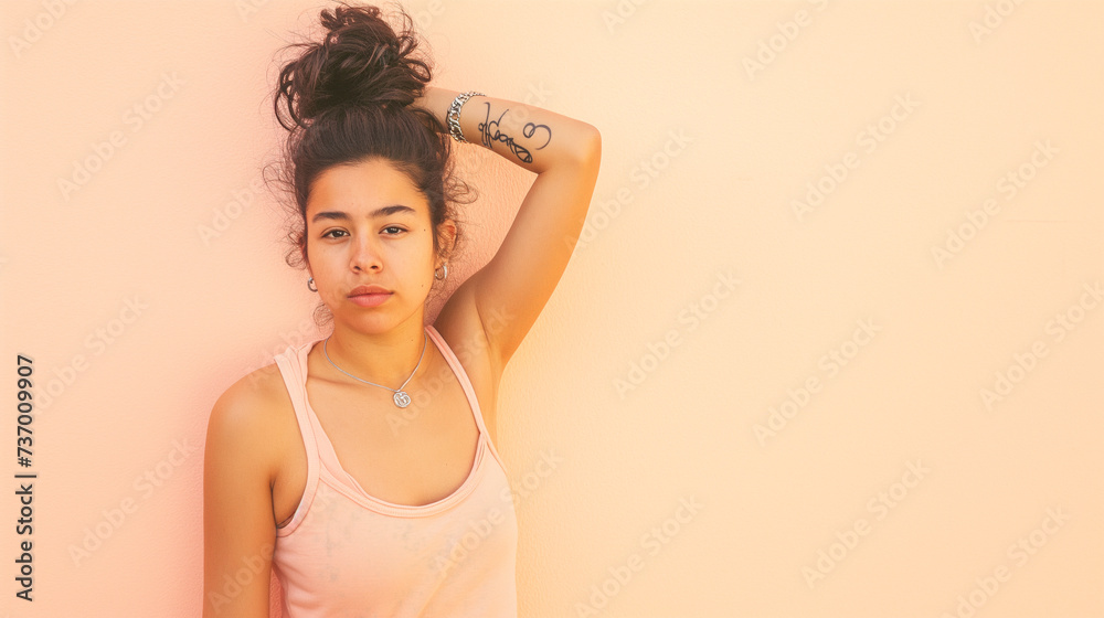 Young individual in a pastel tank top, with a temporary tattoo of an equality sign, posing against a plain pastel wall, representing the quiet strength in the equality movement - obrazy, fototapety, plakaty 