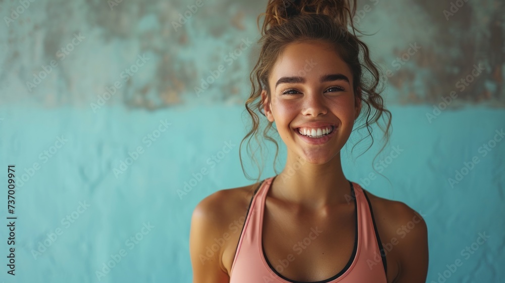 Picture of a beautiful young woman with a good figure Wear fitness clothes and do aerobic exercise. Happy smile with fitness and sports motivation concept.