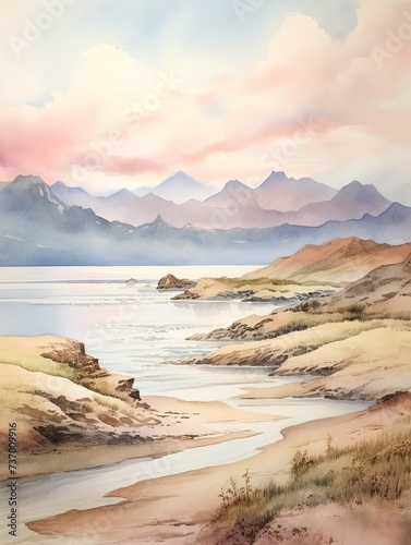 Muted Watercolor Mountain Ranges: Serene Coastal Mountains Beach SceneORSerene Coastal Mountains: Muted Watercolor Mountain Ranges Beach Scene Painting