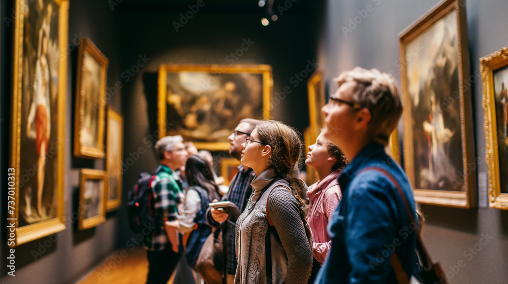 Obraz premium Group of friends on a guided museum tour, marveling at a grand masterpiece