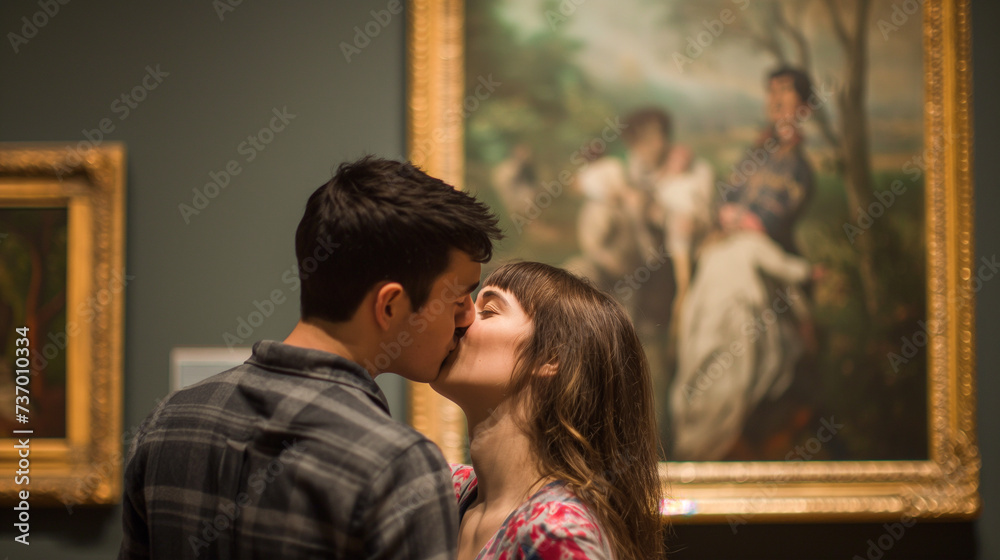 Lovers sharing a gentle kiss beside a romantic 19th-century painting, their affection mirroring the art Lovers sharing a gentle kiss beside a romantic 19th-century painting, their affection mirroring the art