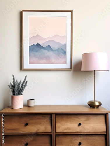Muted Watercolor Mountain Ranges Landscape Print with Pastel Peak Frame