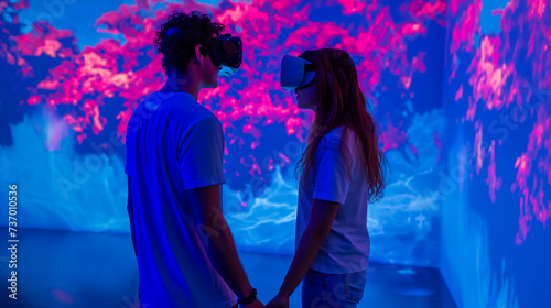 Young couple engrossed in an augmented reality art exhibit, holding hands as they explore digital masterpieces together © XaMaps