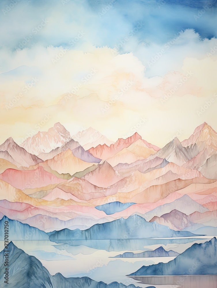 Muted Watercolor Mountain Ranges Lakeview: Serene Beauty by the Waterside