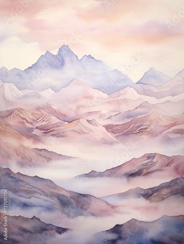 Muted Watercolor Mountain Ranges Isle Artwork: Majestic Peaks and Tranquil Waves © Michael