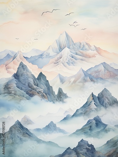 Island Artwork: Muted Watercolor Mountain Ranges with Majestic Peaks © Michael