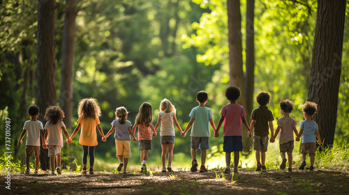 Group of children from various backgrounds, hand in hand, traversing through the woodland area, depicting harmony and natural splendor.