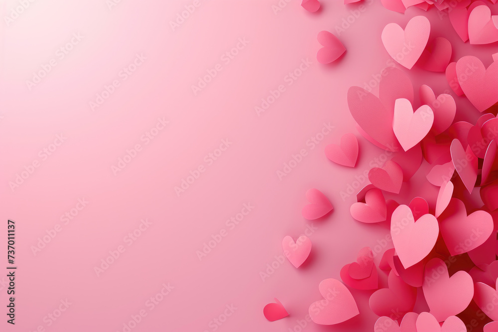 Collection of pink paper hearts arranged on pink background. Perfect for Valentine's Day or romantic-themed designs