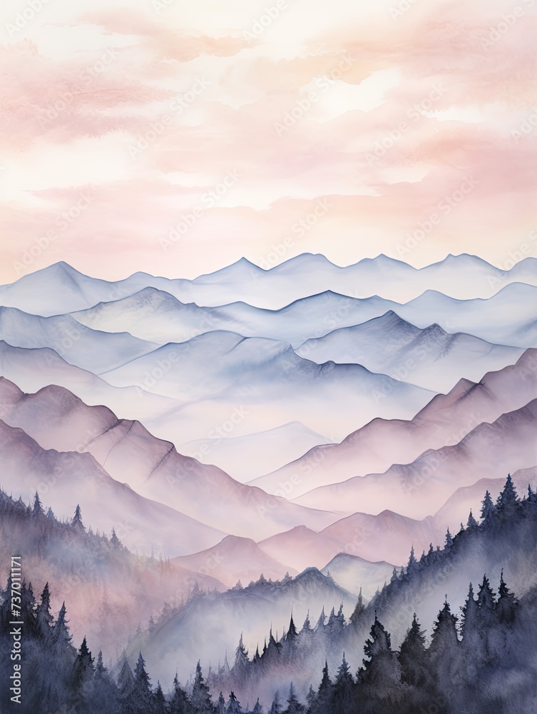 Muted Watercolor Mountain Ranges: Serene Nature Artwork with Breathtaking Mountain Vistas