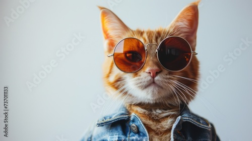 A cool cat dressed in a denim jacket, sporting sunglasses and headphones, exudes a vibe of laid-back style.