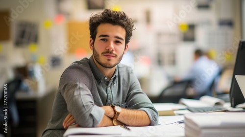 A confident young man with a friendly demeanor sits at his office desk, with a busy work environment in the background. 