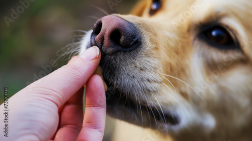 Close-up of a dog’s face as it receives a treat from a human hand, highlighting positive reinforcement and training photo