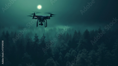 Drone with thermal imaging camera flying over a forest at night, with the camera's glow and the moon providing illumination photo