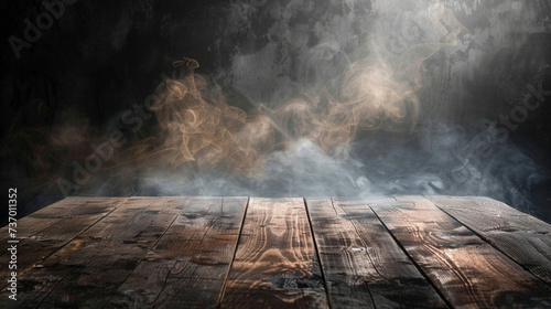 Dark wood background design brown wood texture Abstract background, empty wooden table with smoke rising on dark background. Ideal for showcasing products.