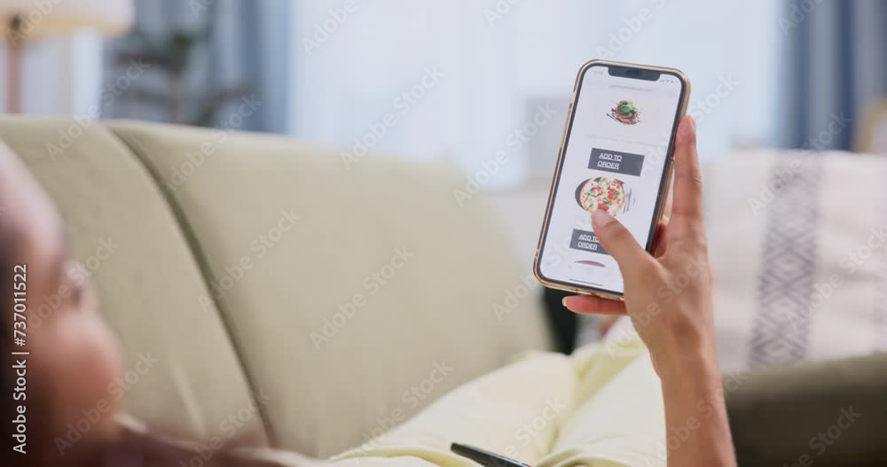 Woman, sofa and smartphone with food on screen for choice, menu and purchase of lunch on website. Female person, living room and technology with online order for ecommerce, shopping and delivery Woman, sofa and smartphone with food on screen for choice, menu and purchase of lunch on website. Female person, living room and technology with online order for ecommerce, shopping and delivery