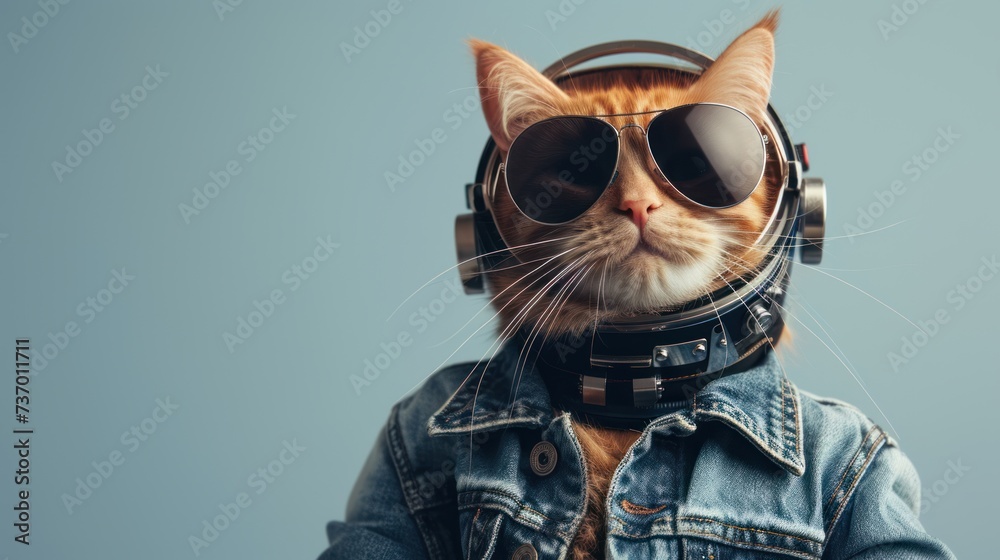 A cool cat dressed in a denim jacket, sporting sunglasses and headphones, exudes a vibe of laid-back style. A cool cat dressed in a denim jacket, sporting sunglasses and headphones, exudes a vibe of laid-back style.