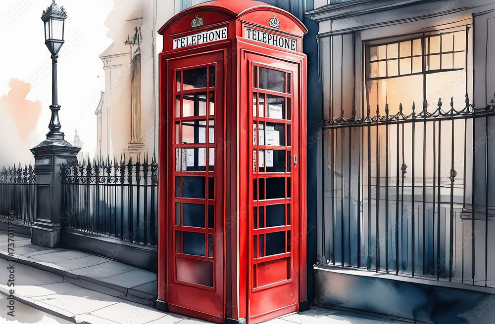 Beautiful watercolor illustration of red London telephone boxes in London, UK. Beautiful watercolor illustration of red London telephone boxes in London, UK.