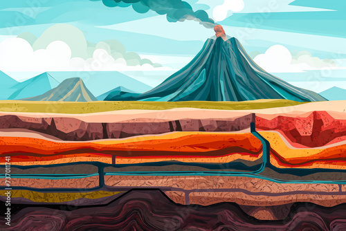 Obraz na płótnie Active volcano cross-section showcasing geological layers.