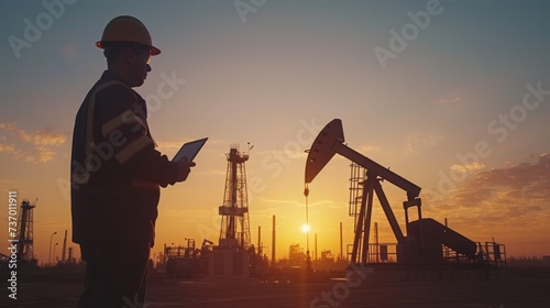 Two engineers with hard hats and reflective vests are discussing over a tablet with an industrial refinery plant background at sunset.