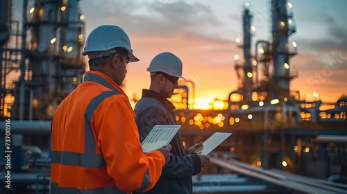 Two engineers with hard hats and reflective vests are discussing over a tablet with an industrial refinery plant background at sunset.