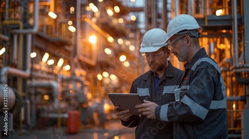 Two engineers with hard hats and reflective vests are discussing over a tablet with an industrial refinery plant background at sunset.