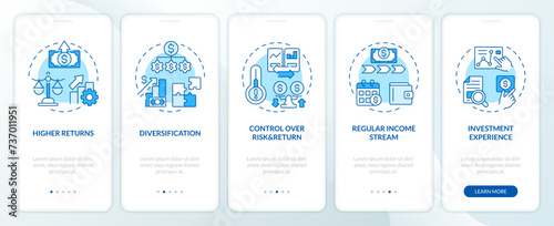 P2P lending blue onboarding mobile app screen. Money for investors walkthrough 5 steps editable graphic instructions with linear concepts. UI, UX, GUI template. Myriad Pro-Bold, Regular fonts used