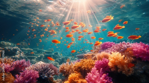 Vibrant underwater seascape with tropical fish swimming around a sunlit coral reef  showcasing marine biodiversity.