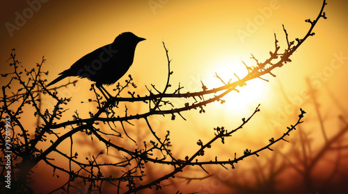 Black bird perched on tree branch. Suitable for nature-themed projects and designs