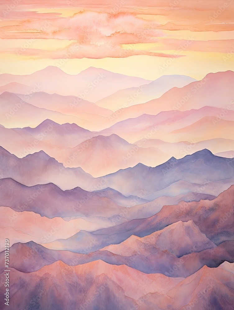 Muted Watercolor Mountain Ranges Sunset Painting: Pastel Sky Over Hills