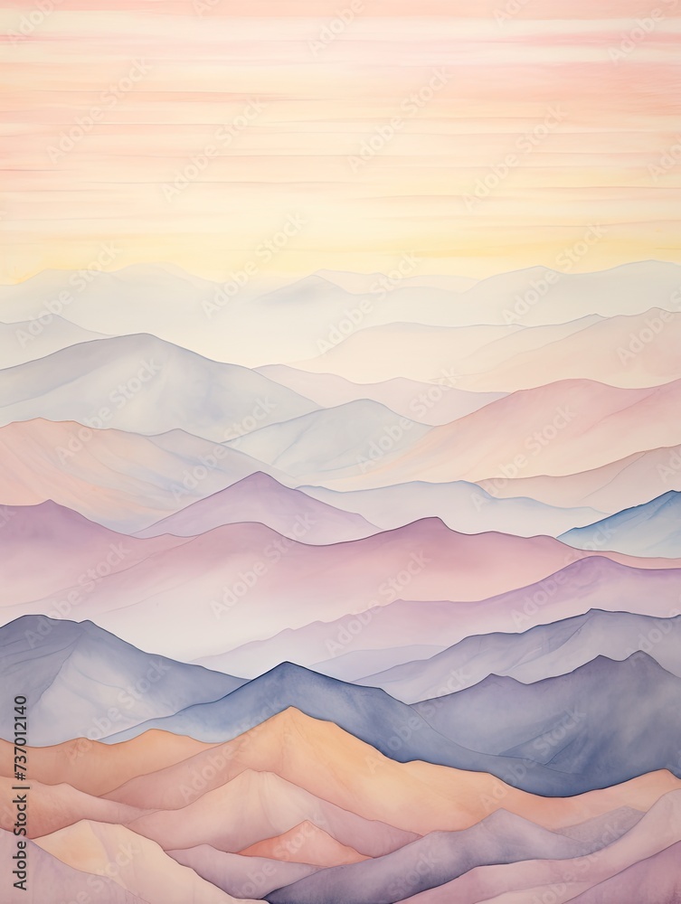 Muted Watercolor Mountain Ranges: Soft Colors Over Peaks at Sunset Painting