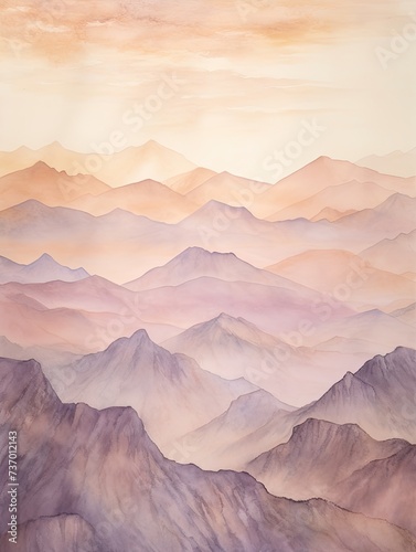 Muted Watercolor Mountain Ranges in Soft Sunset Hues © Michael