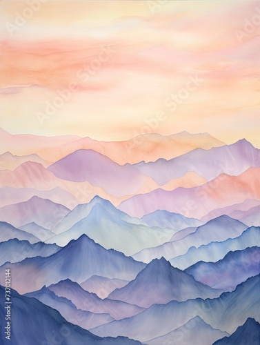 Muted Watercolor Mountain Ranges: Pastel Glow and Sunset Paintings